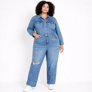 Eloquii Distressed Denim Utility Jumpsuit Size 18 | Button-Front Workwear Style